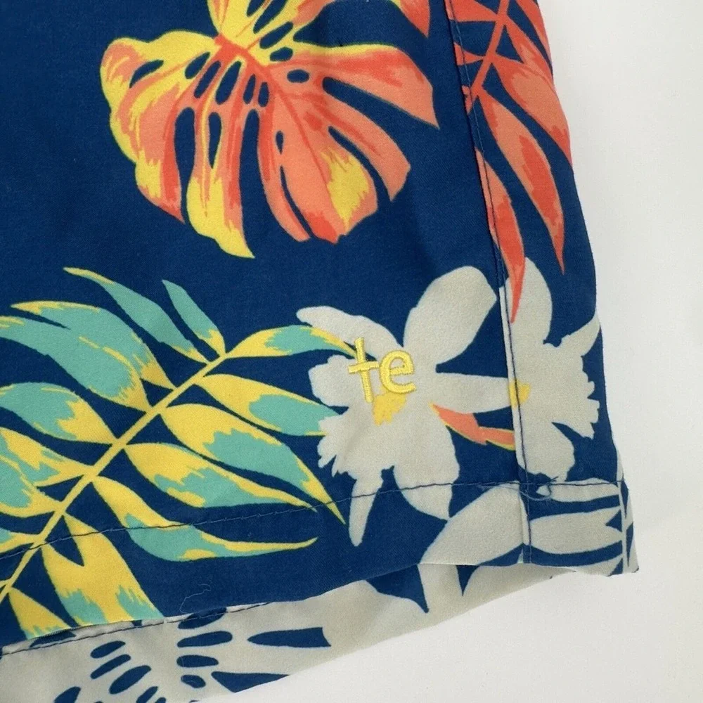 Tipsyelves Casual Tropical Floral Swim Trunks Men's Navy Blue Drawstring Pockets